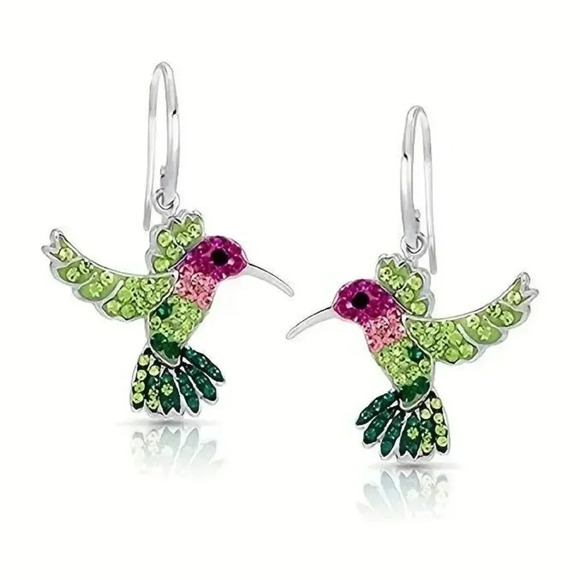 CHARMING & COLORFUL HummingBird Rhinestone Silvertoned Crystal Earrings … - Picture 1 of 2